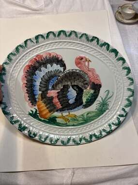 Vintage Hand-Painted Italian Ceramic Turkey Serving Platter Large 19x14